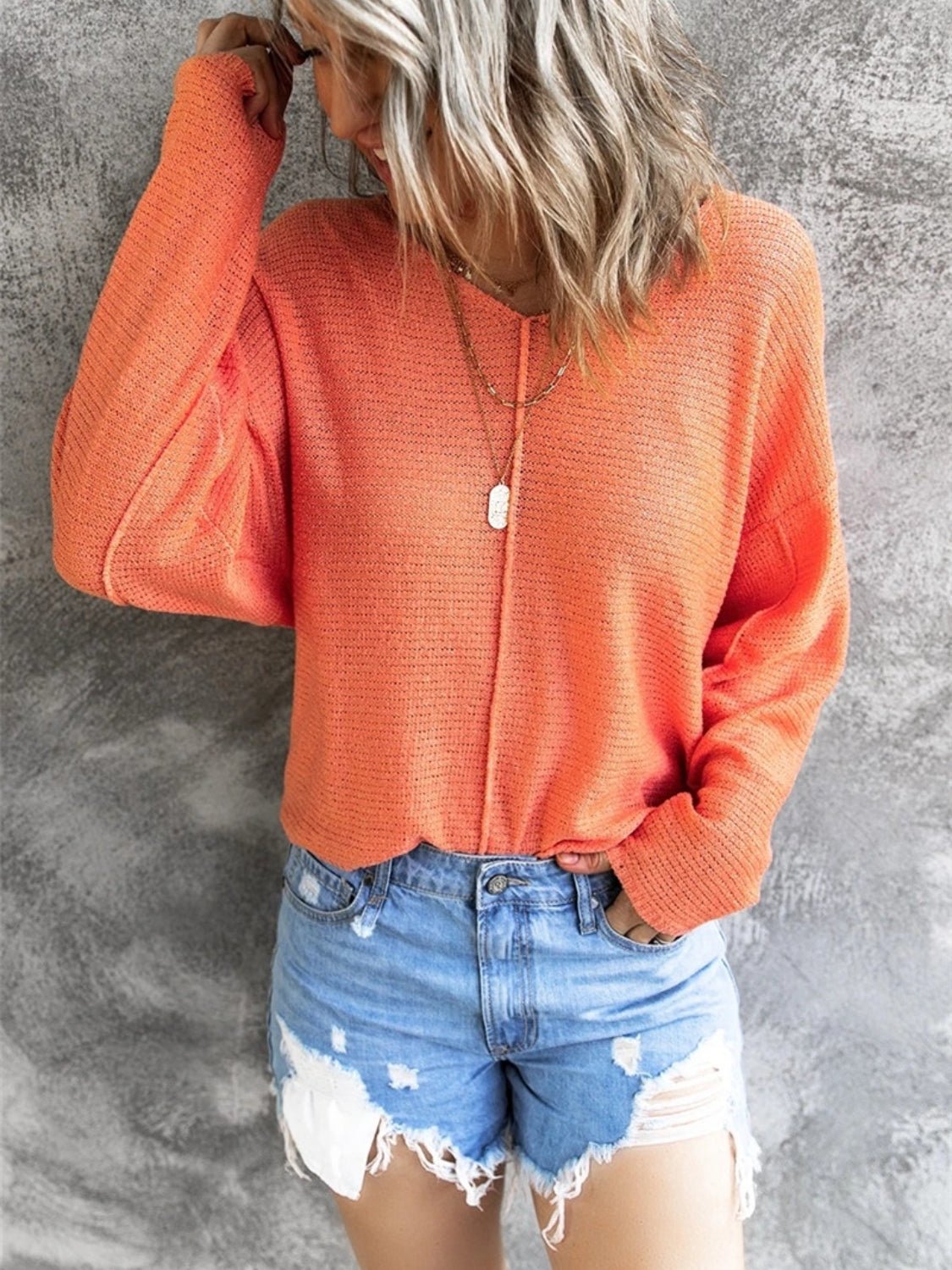 V - Neck Drop Shoulder Knit Top - ViarousViarousViarous