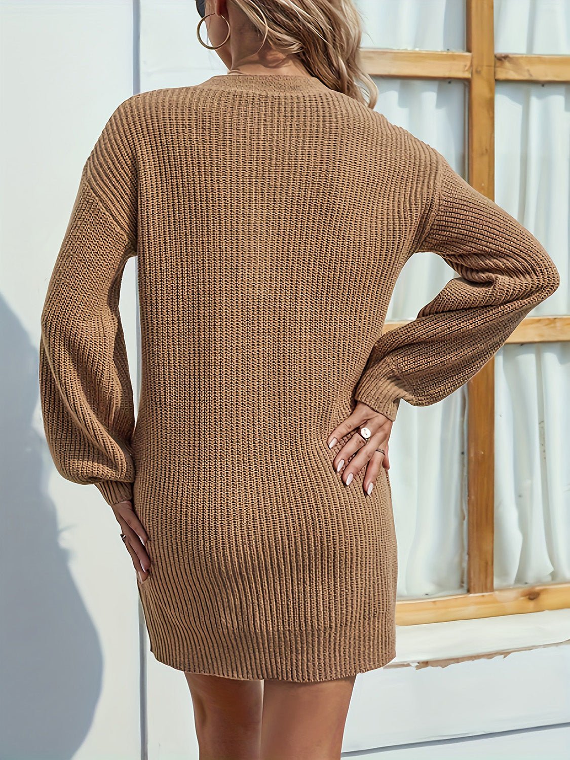 V - Neck Dropped Shoulder Mini Sweater Dress - ViarousViarousViarous