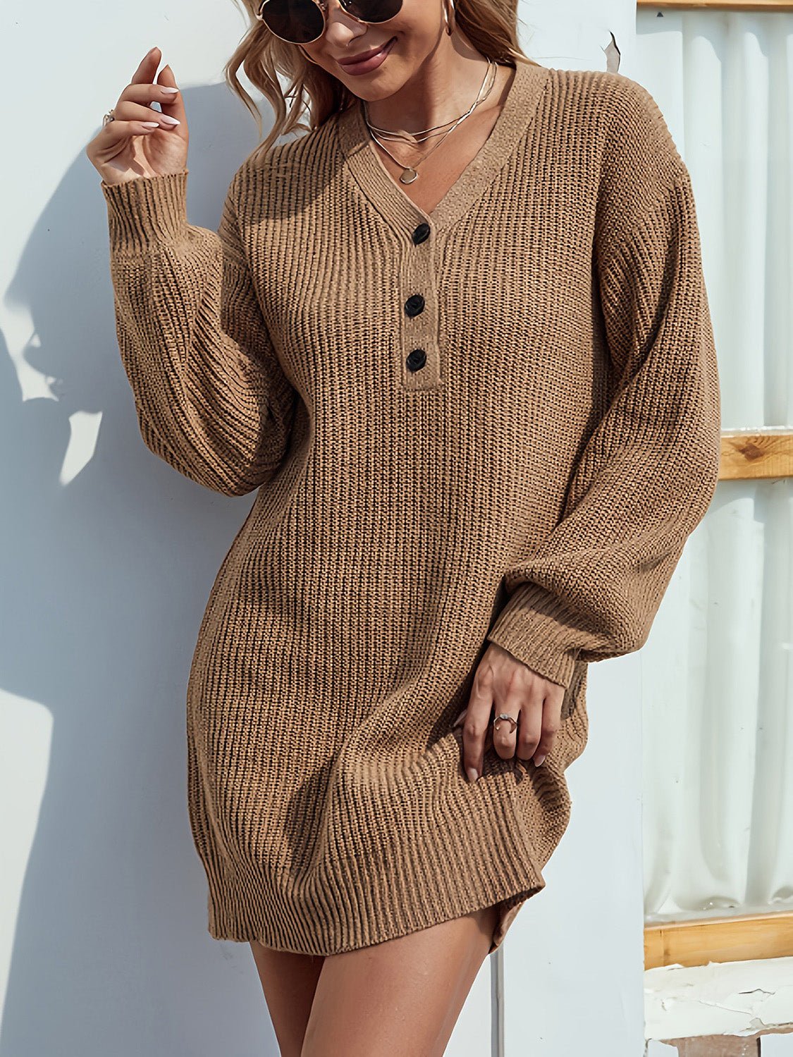 V - Neck Dropped Shoulder Mini Sweater Dress - ViarousViarousViarous