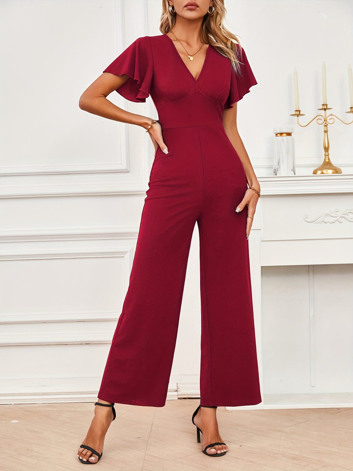 V - Neck Flutter Sleeve Jumpsuit - ViarousViarousViarous