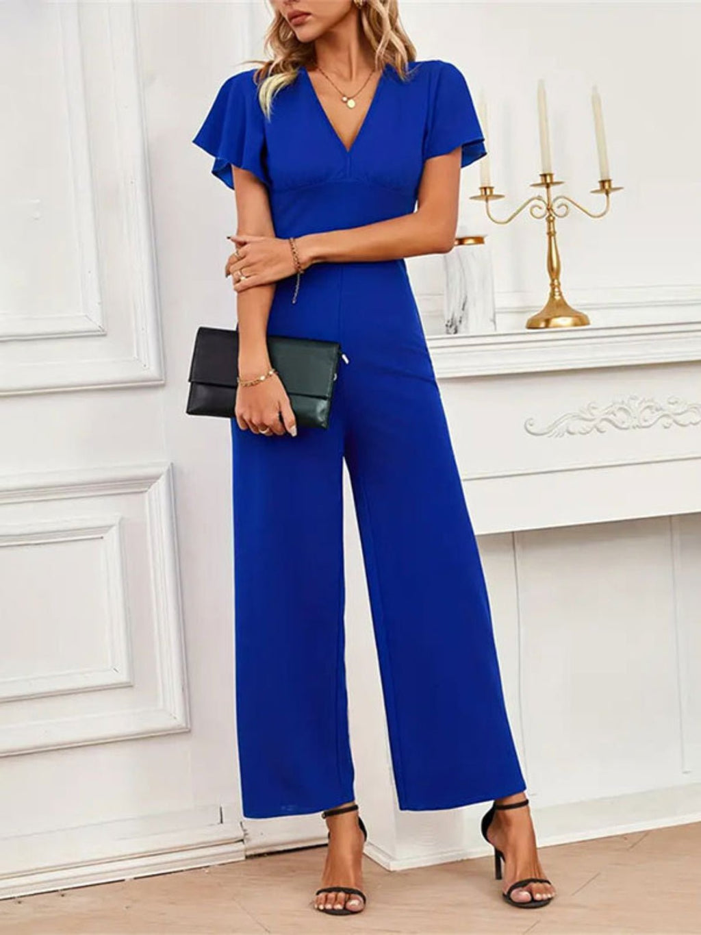 V - Neck Flutter Sleeve Jumpsuit - ViarousViarousViarous