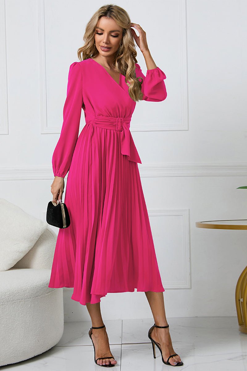 V - Neck Long Sleeve Tie Waist Midi Dress - ViarousViarousViarous