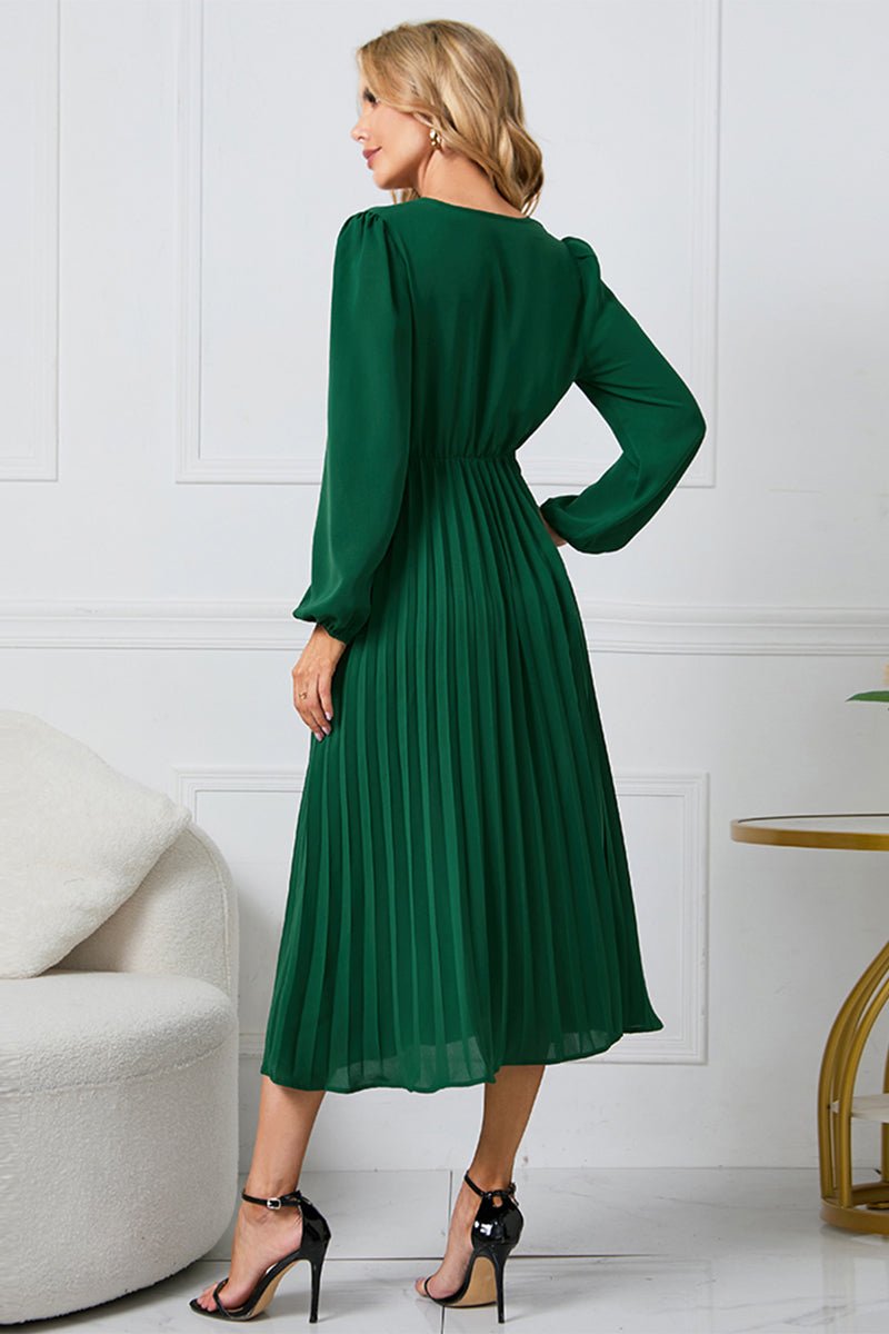 V - Neck Long Sleeve Tie Waist Midi Dress - ViarousViarousViarous