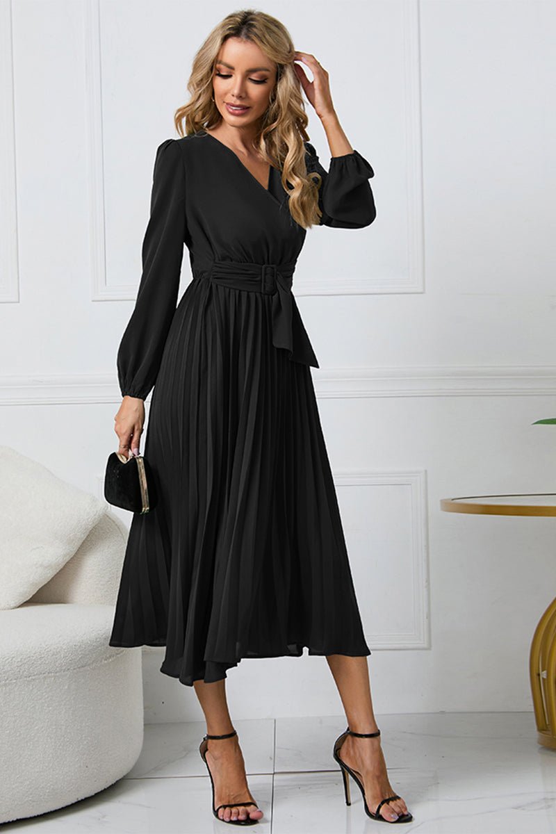 V - Neck Long Sleeve Tie Waist Midi Dress - ViarousViarousViarous
