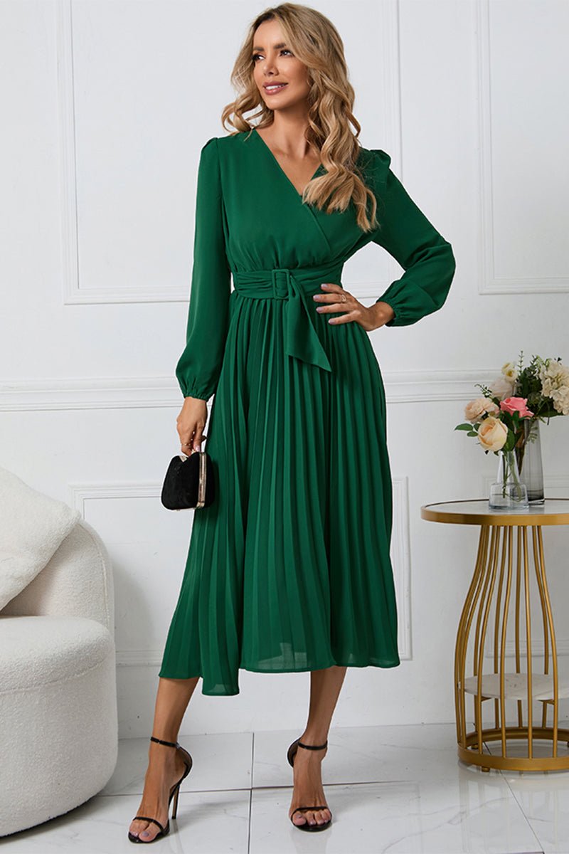 V - Neck Long Sleeve Tie Waist Midi Dress - ViarousViarousViarous