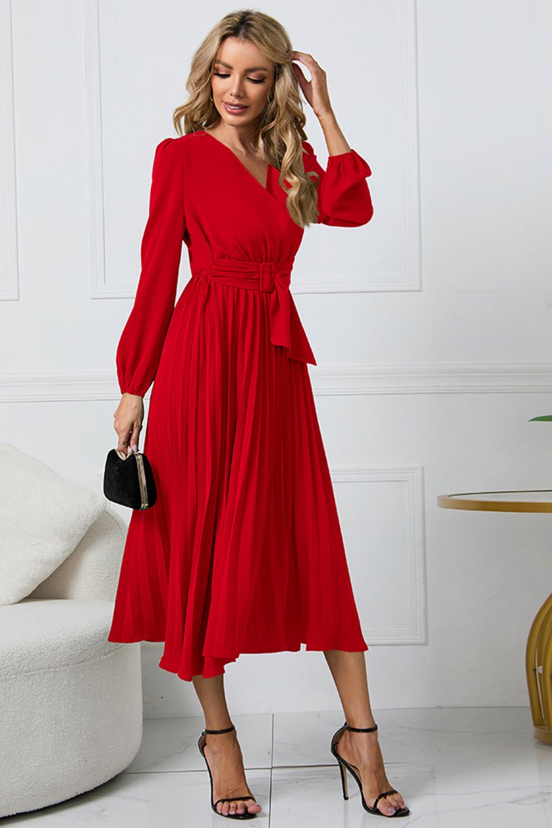V - Neck Long Sleeve Tie Waist Midi Dress - ViarousViarousViarous