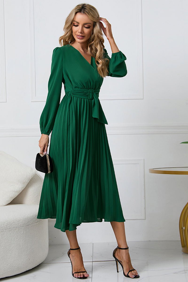 V - Neck Long Sleeve Tie Waist Midi Dress - ViarousViarousViarous