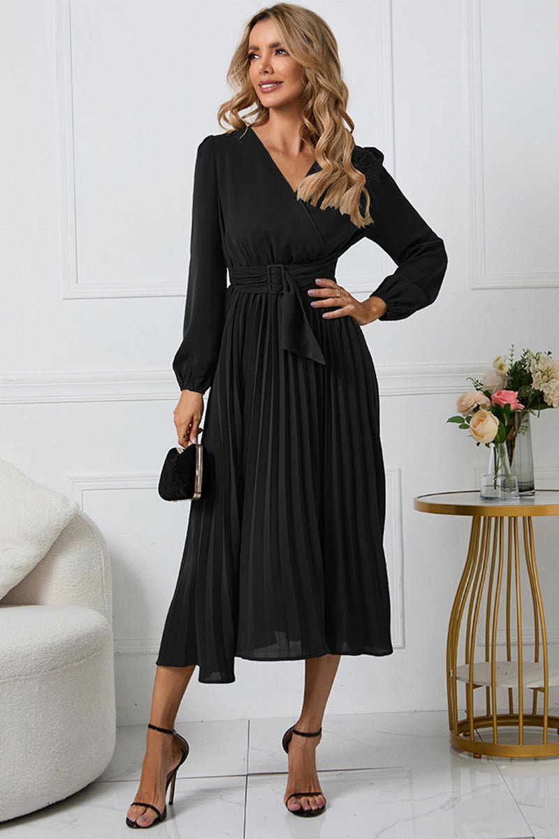 V - Neck Long Sleeve Tie Waist Midi Dress - ViarousViarousViarous