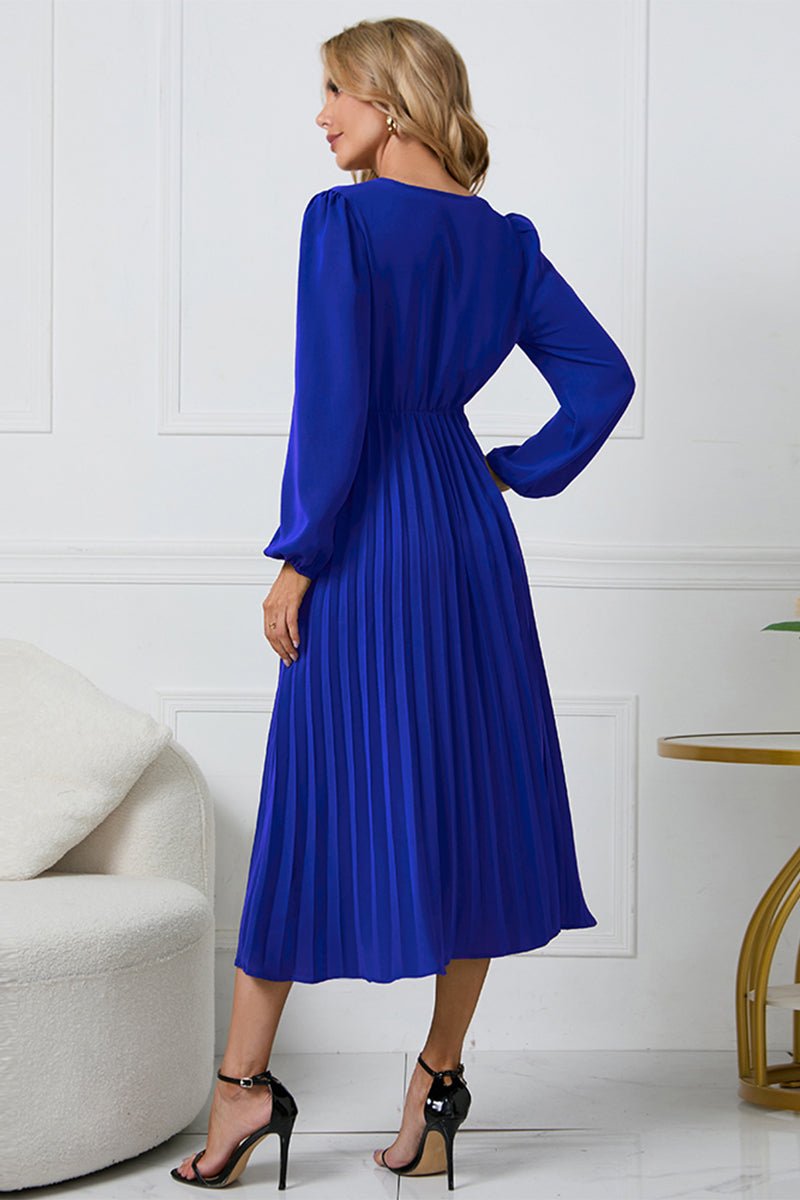 V - Neck Long Sleeve Tie Waist Midi Dress - ViarousViarousViarous