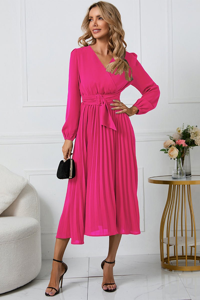 V - Neck Long Sleeve Tie Waist Midi Dress - ViarousViarousViarous