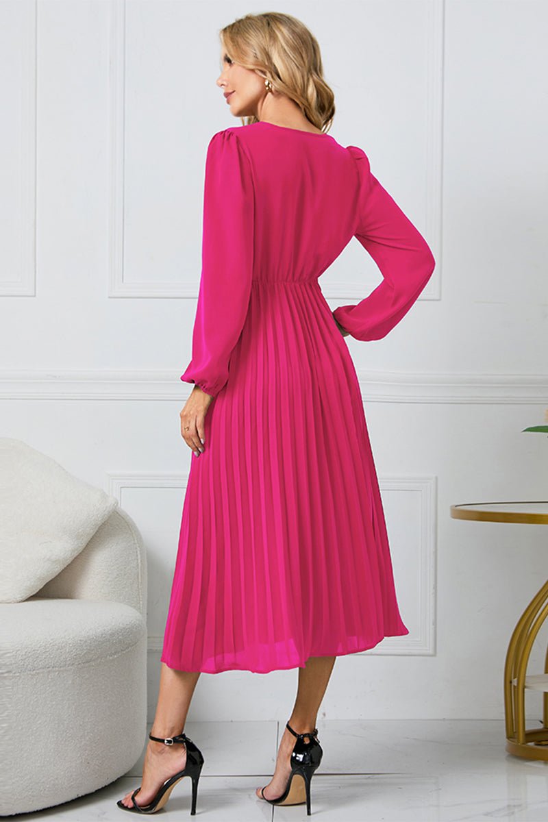 V - Neck Long Sleeve Tie Waist Midi Dress - ViarousViarousViarous