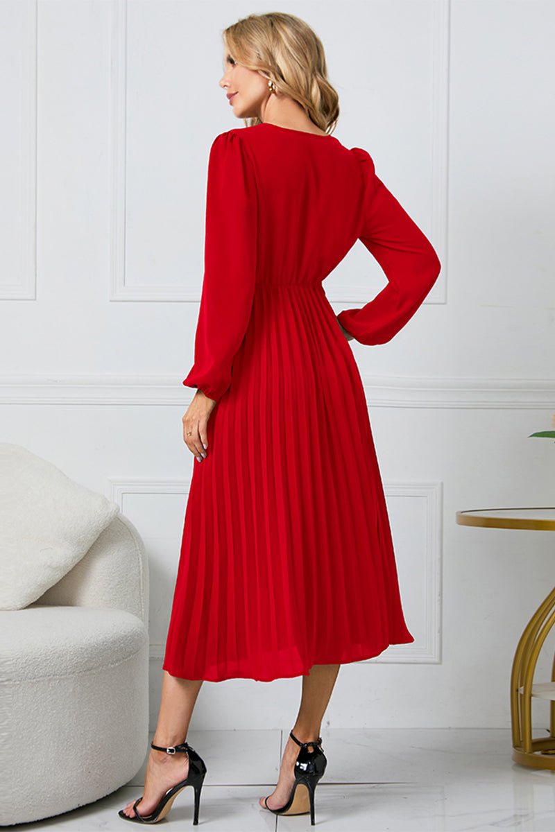 V - Neck Long Sleeve Tie Waist Midi Dress - ViarousViarousViarous