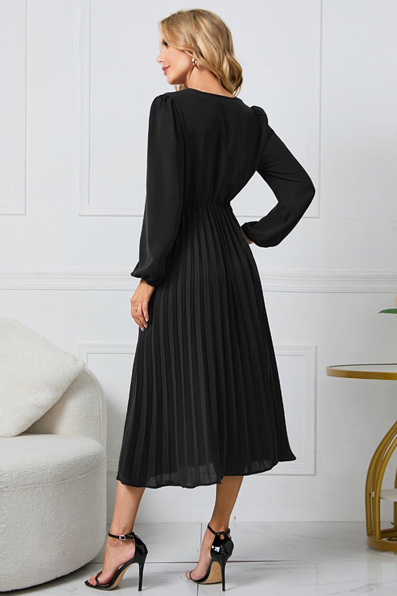 V - Neck Long Sleeve Tie Waist Midi Dress - ViarousViarousViarous