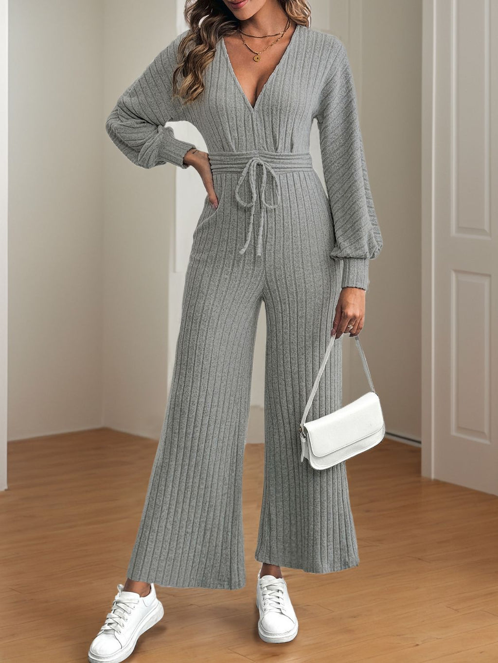 V - Neck Long Sleeve Wide Leg Jumpsuit - ViarousViarousViarous