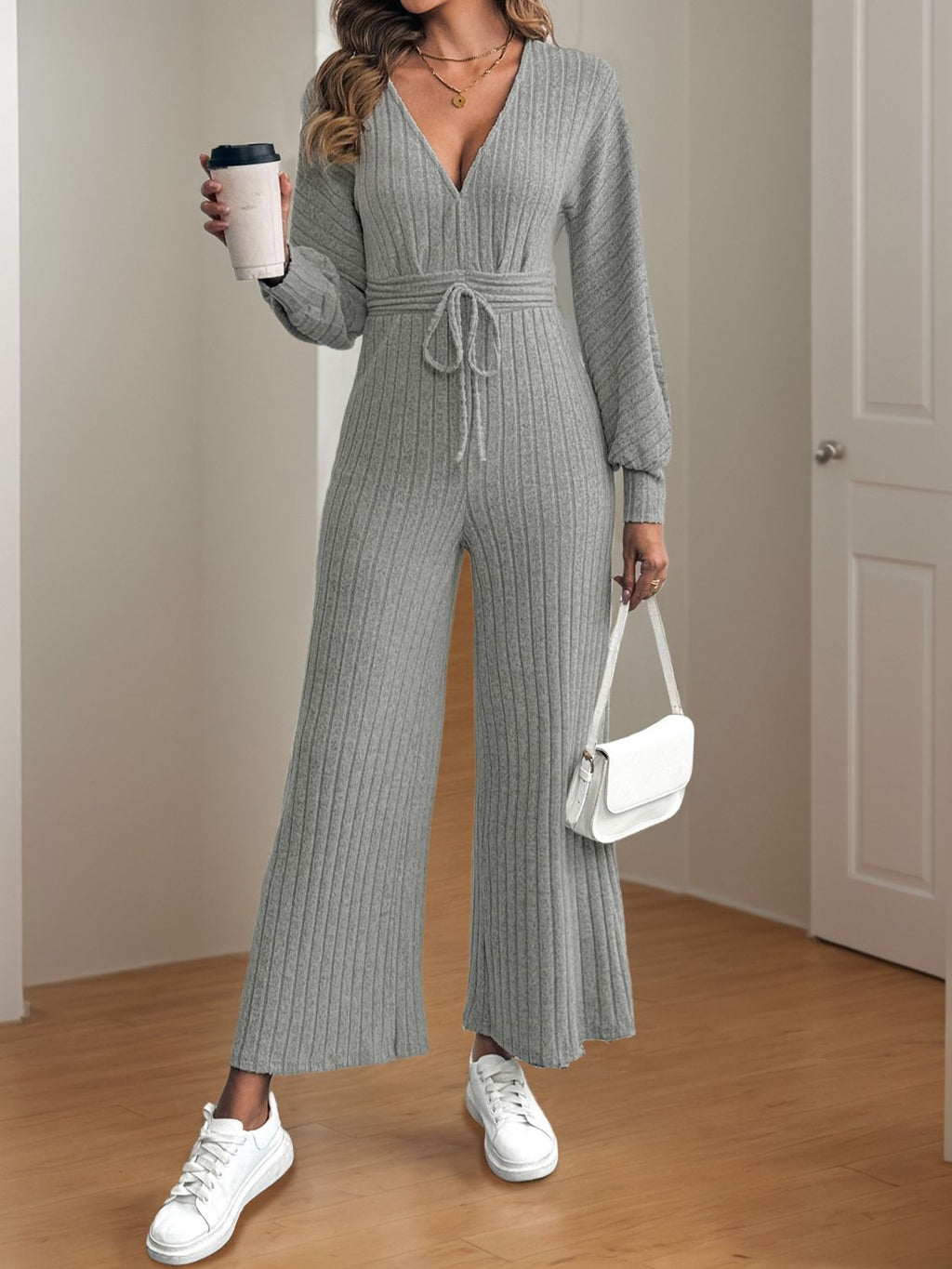 V - Neck Long Sleeve Wide Leg Jumpsuit - ViarousViarousViarous