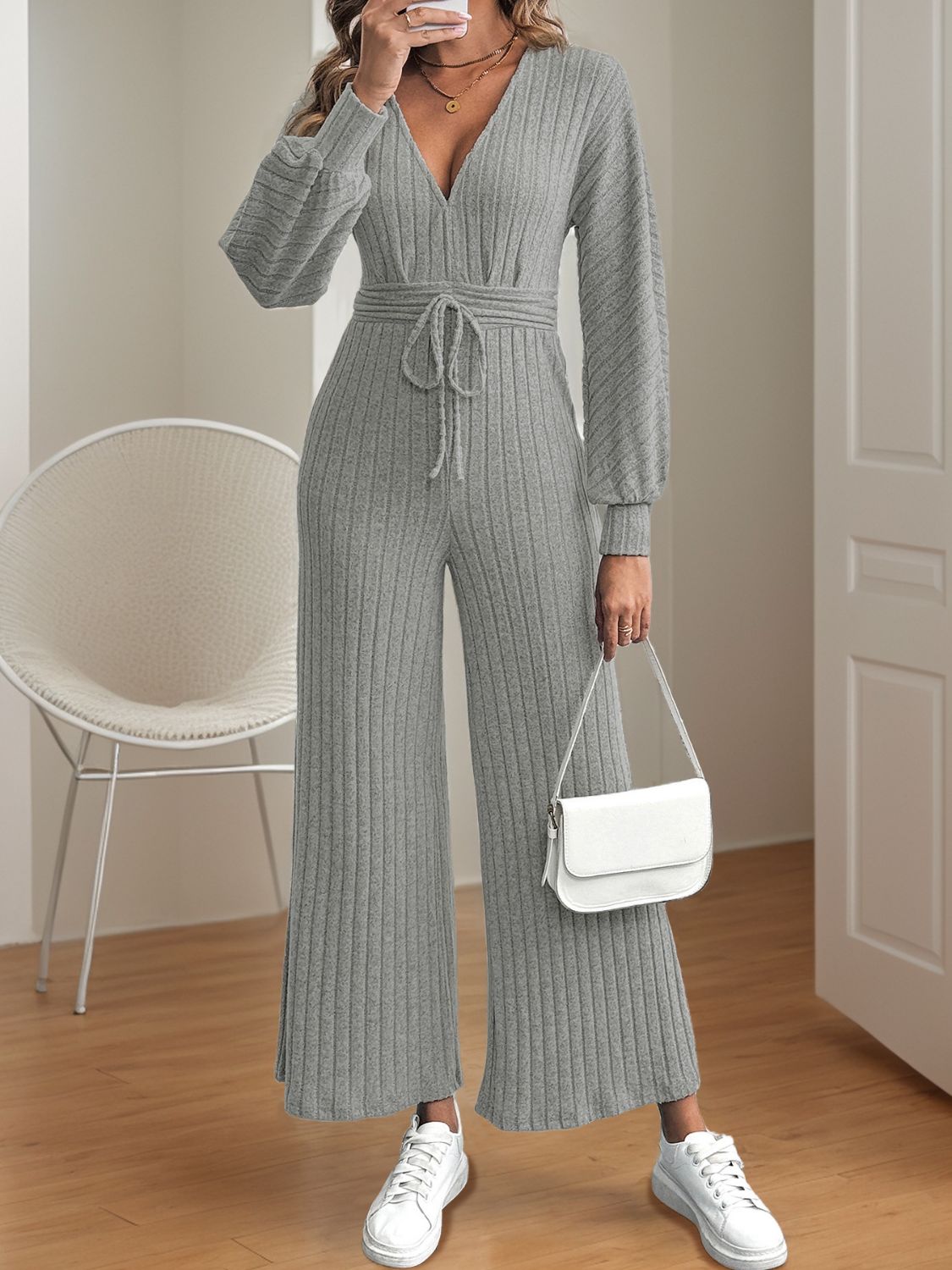 V - Neck Long Sleeve Wide Leg Jumpsuit - ViarousViarousViarous