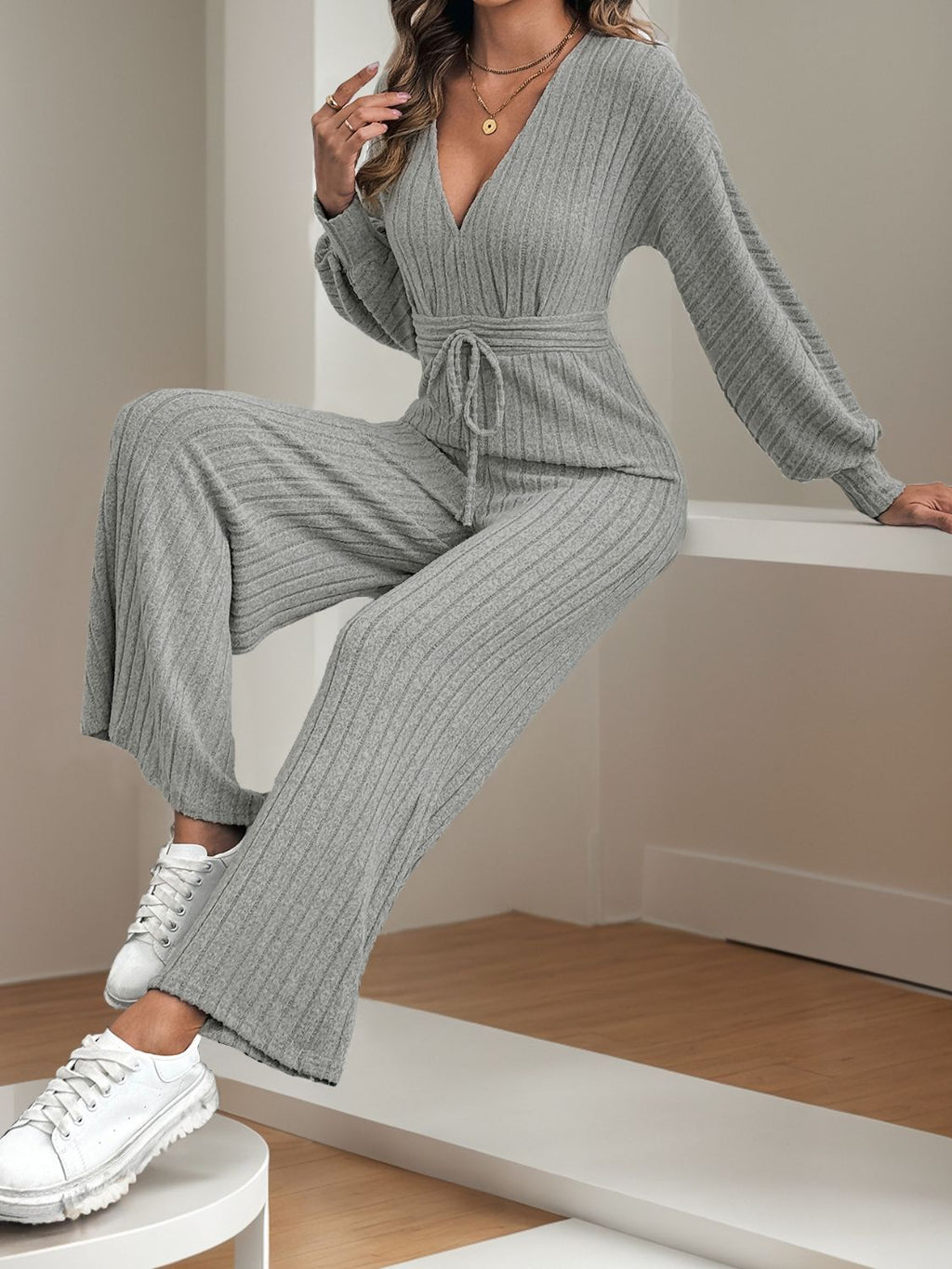 V - Neck Long Sleeve Wide Leg Jumpsuit - ViarousViarousViarous