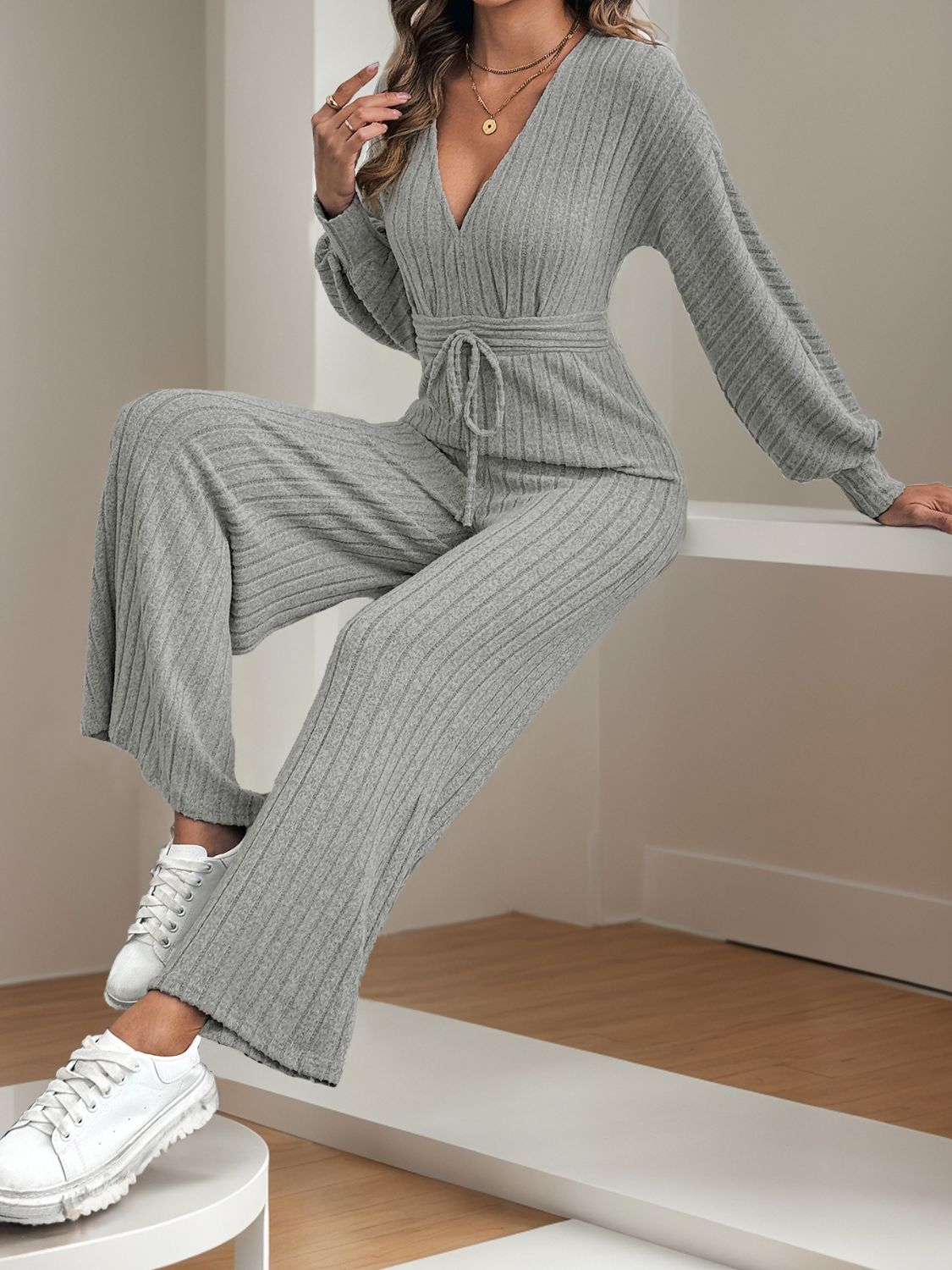 V - Neck Long Sleeve Wide Leg Jumpsuit - ViarousViarousViarous