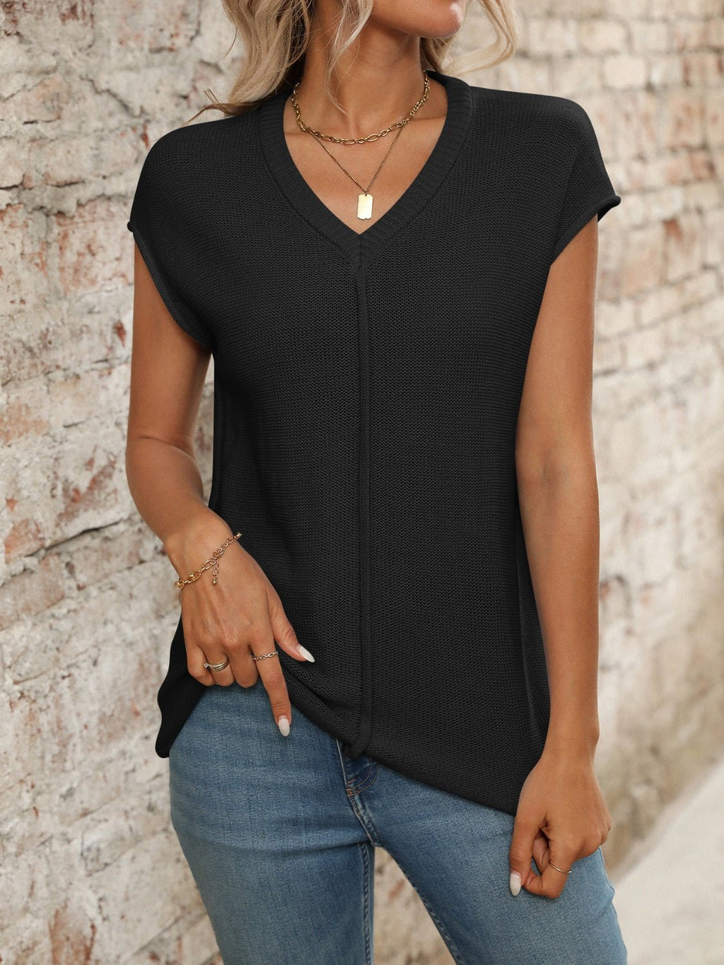 V - Neck Short Sleeve Knit Top - ViarousViarousViarous
