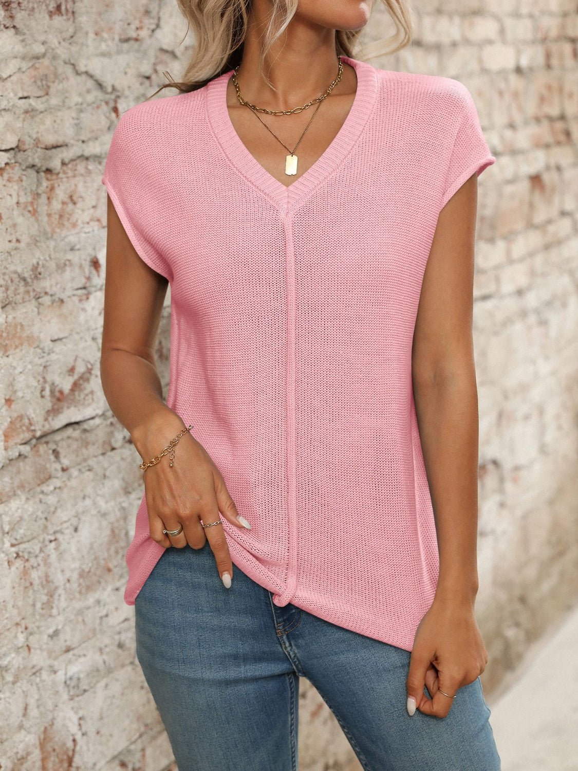 V - Neck Short Sleeve Knit Top - ViarousViarousViarous