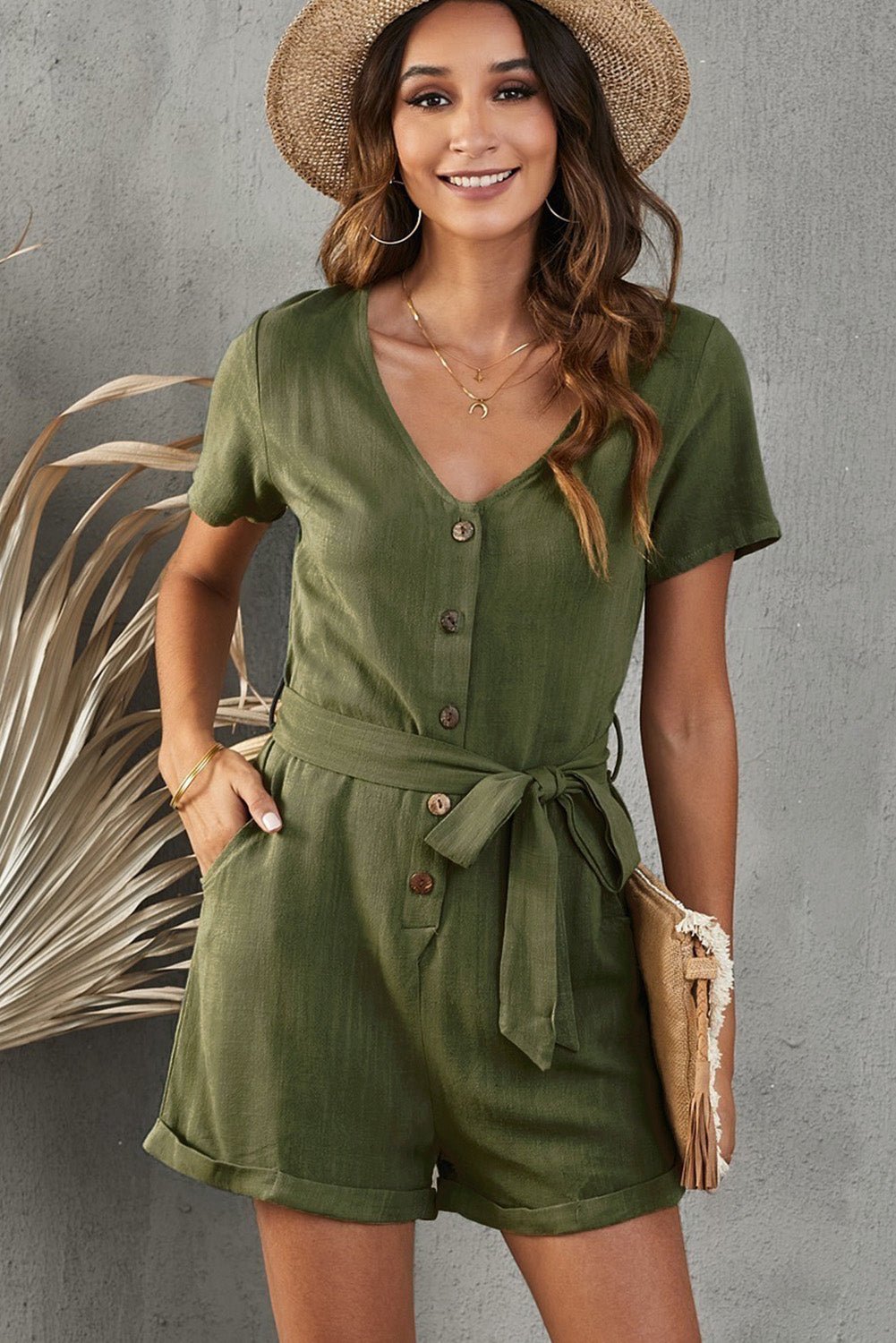 V - Neck Short Sleeve Tie Belt Romper with Pockets - ViarousViarousViarous
