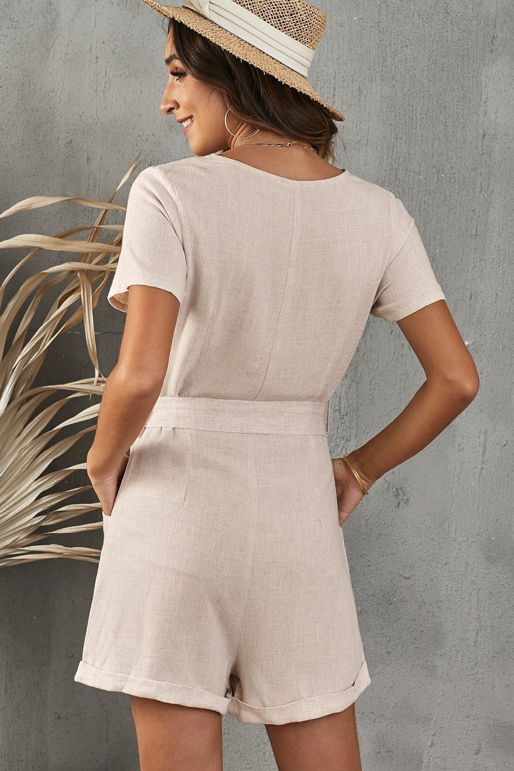 V - Neck Short Sleeve Tie Belt Romper with Pockets - ViarousViarousViarous