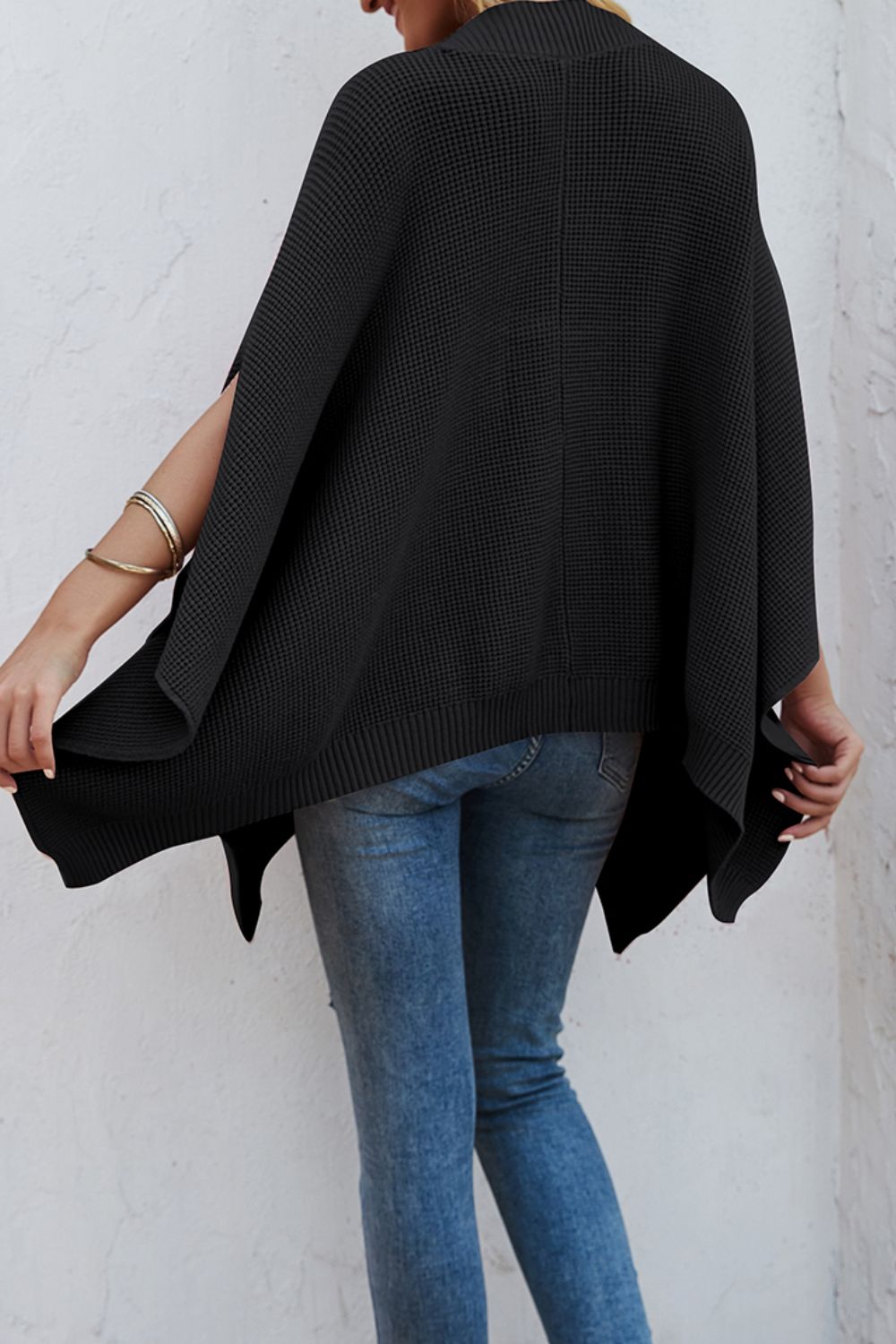 Waffle - Knit Pocketed Cape Sleeve Sweater - ViarousViarousViarous