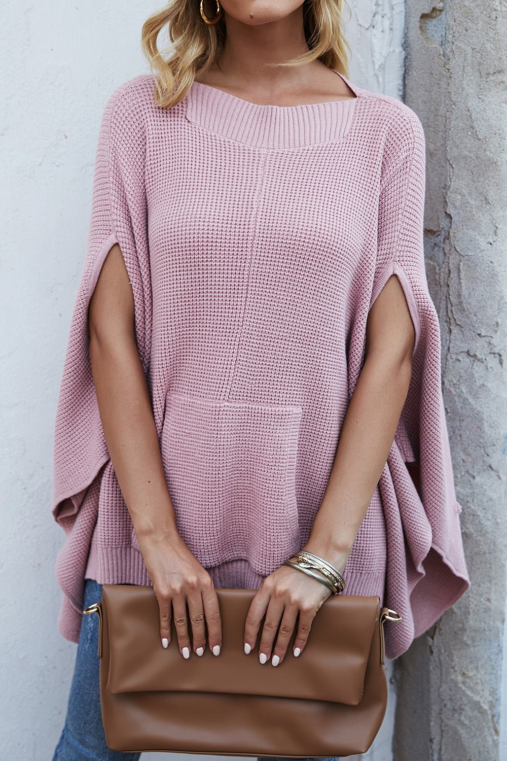 Waffle - Knit Pocketed Cape Sleeve Sweater - ViarousViarousViarous