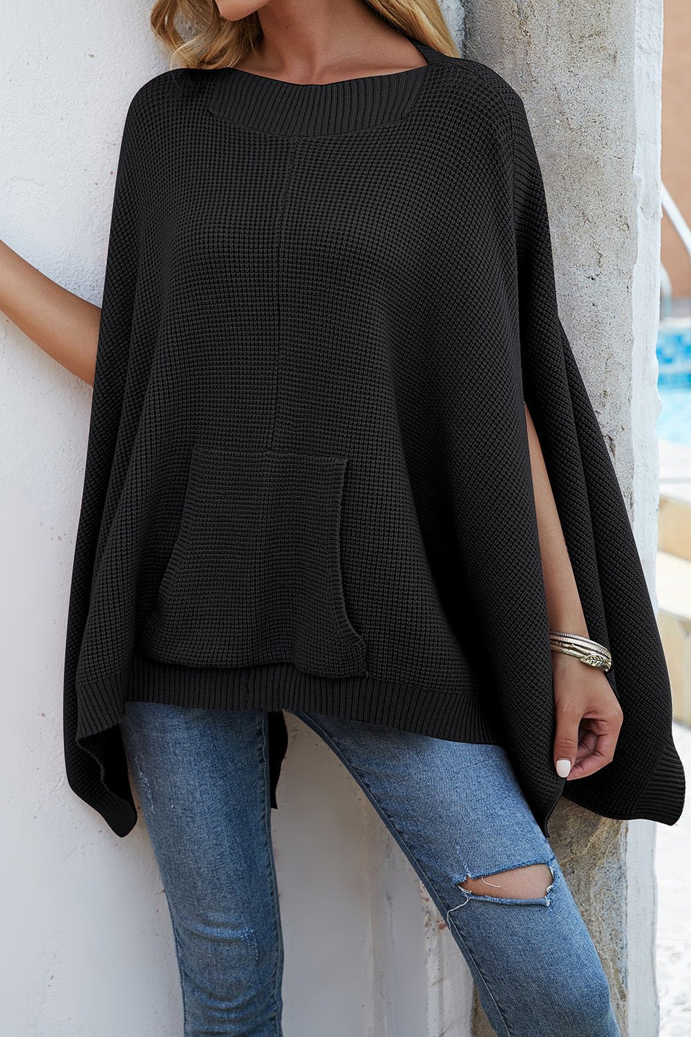 Waffle - Knit Pocketed Cape Sleeve Sweater - ViarousViarousViarous
