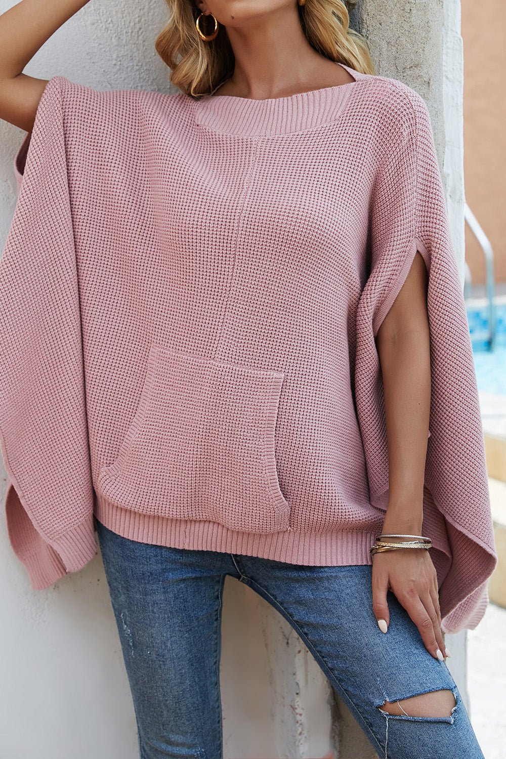 Waffle - Knit Pocketed Cape Sleeve Sweater - ViarousViarousViarous