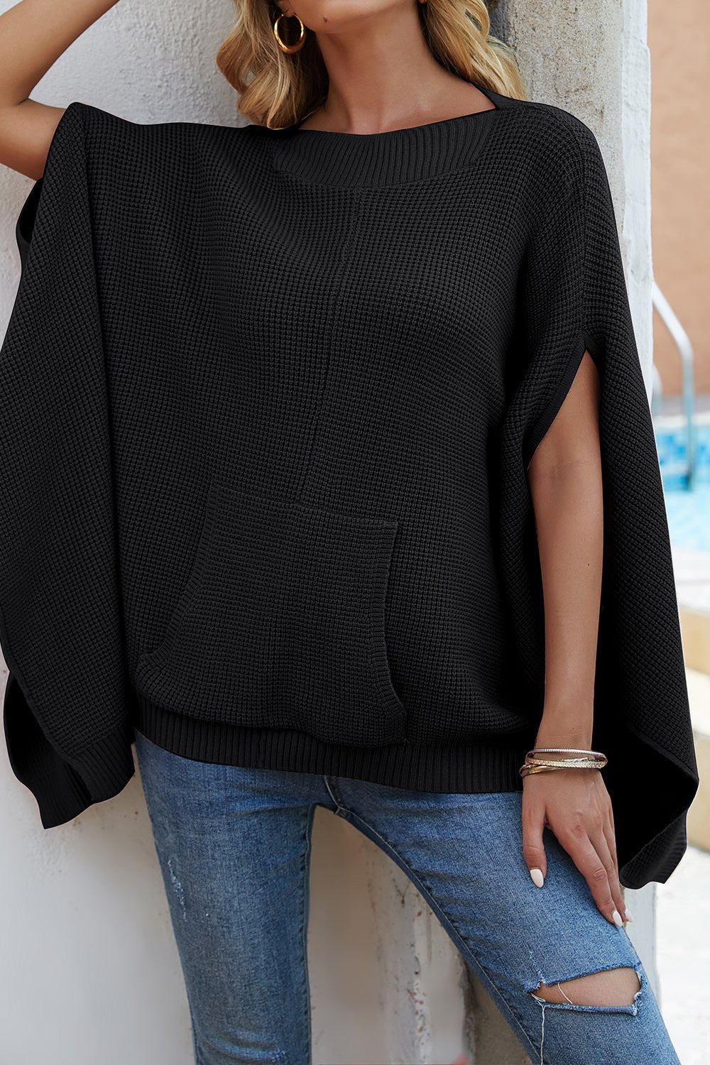 Waffle - Knit Pocketed Cape Sleeve Sweater - ViarousViarousViarous