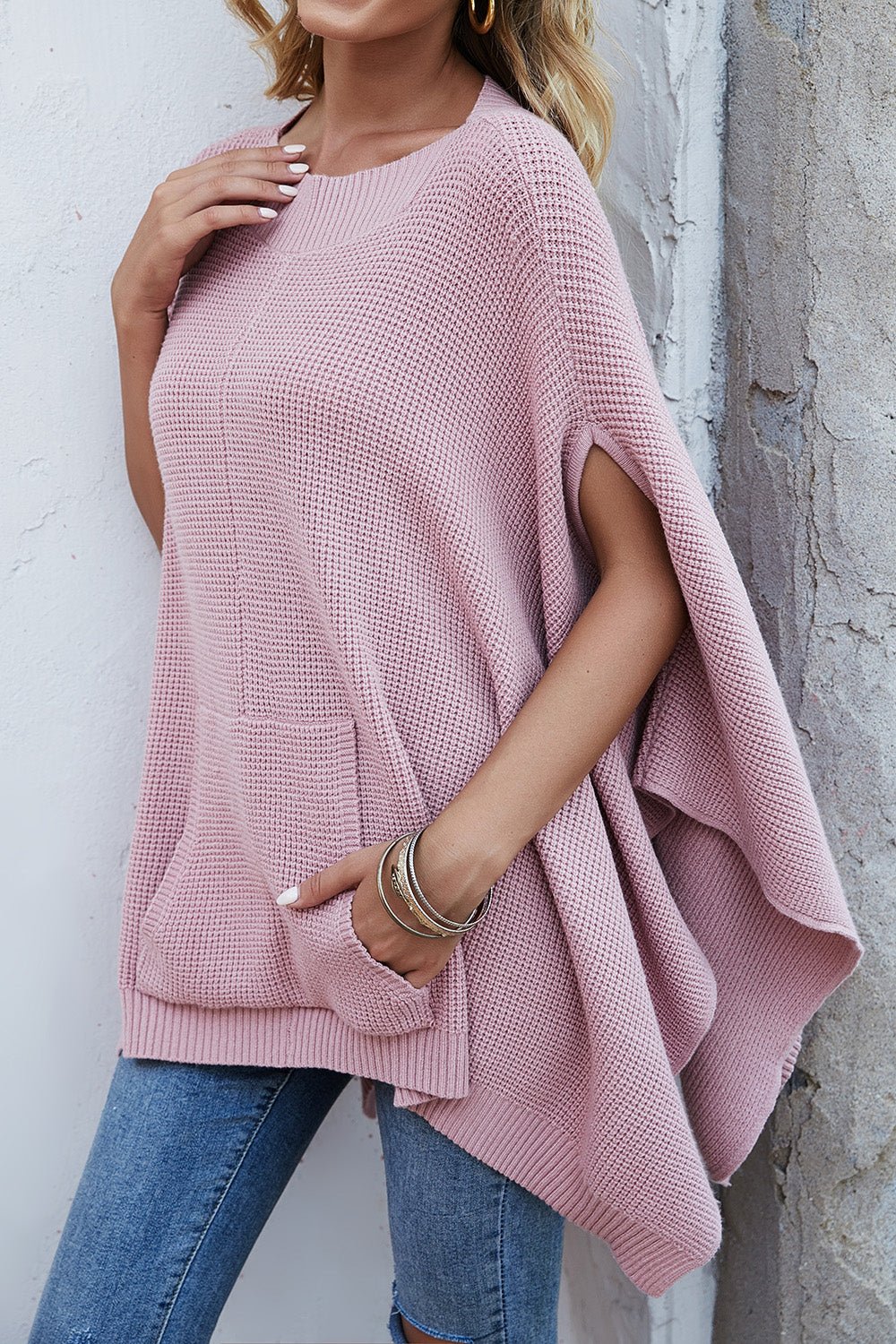 Waffle - Knit Pocketed Cape Sleeve Sweater - ViarousViarousViarous