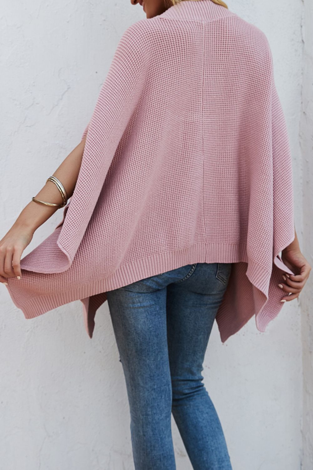 Waffle - Knit Pocketed Cape Sleeve Sweater - ViarousViarousViarous