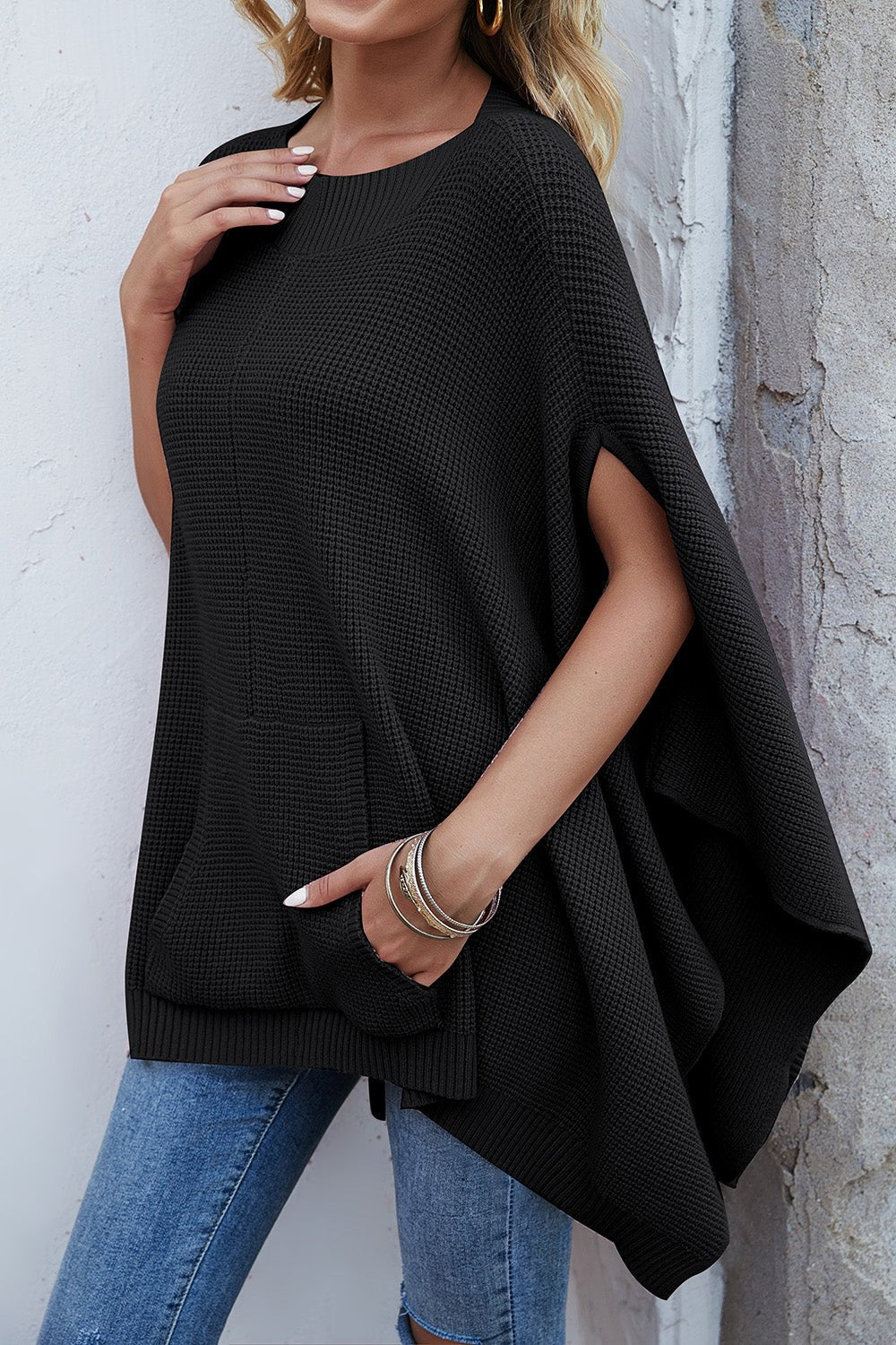 Waffle - Knit Pocketed Cape Sleeve Sweater - ViarousViarousViarous