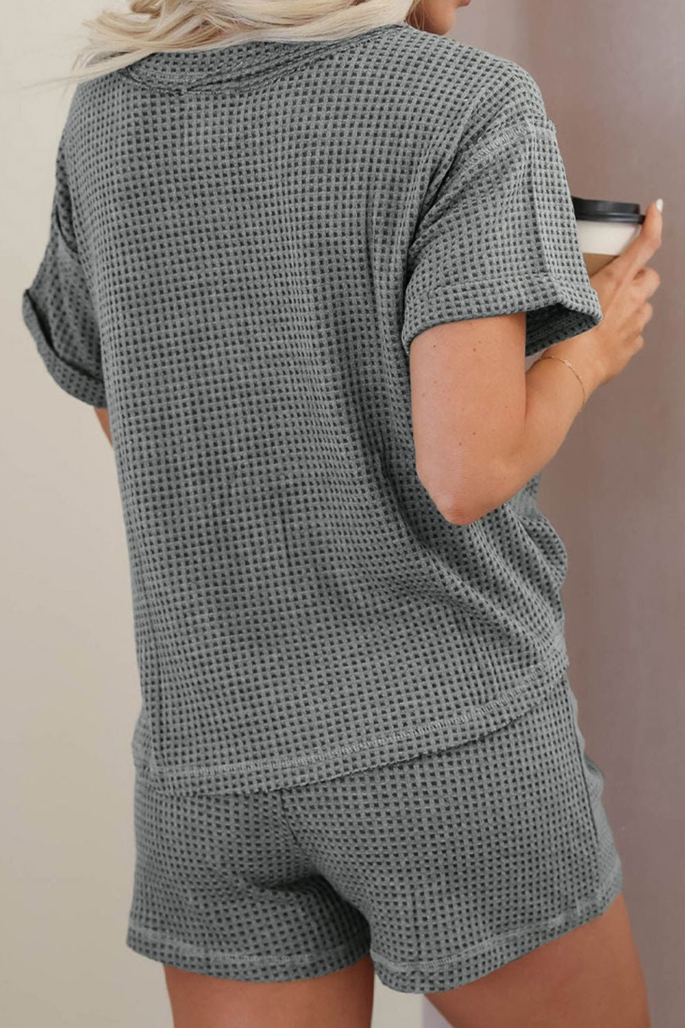 Waffle - Knit Short Sleeve Top and Shorts Lounge Set - ViarousViarousViarous