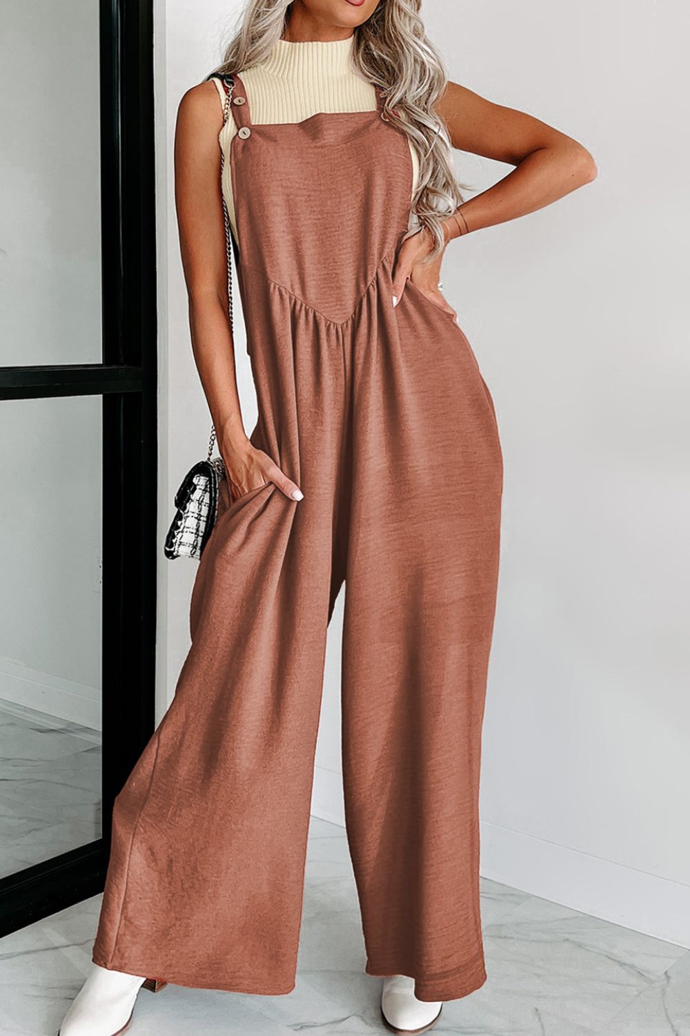 Waffle - knit Wide Leg Overall with Pockets - ViarousViarousViarous
