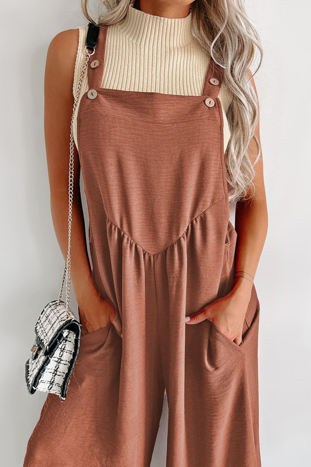 Waffle - knit Wide Leg Overall with Pockets - ViarousViarousViarous