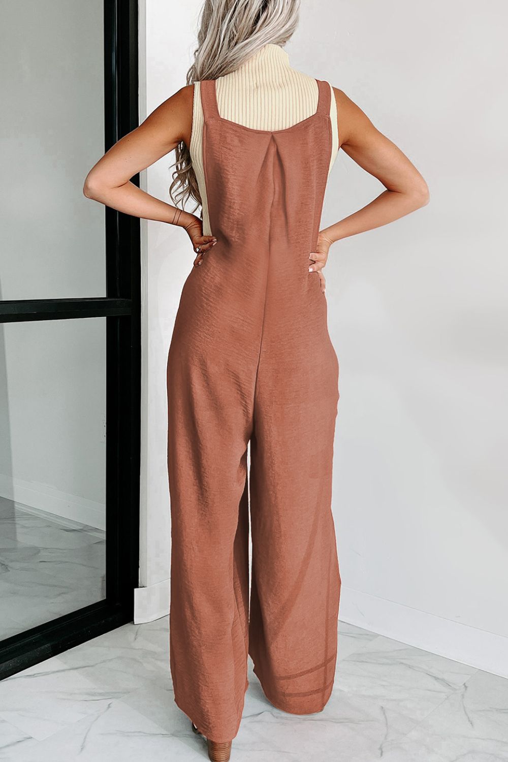 Waffle - knit Wide Leg Overall with Pockets - ViarousViarousViarous